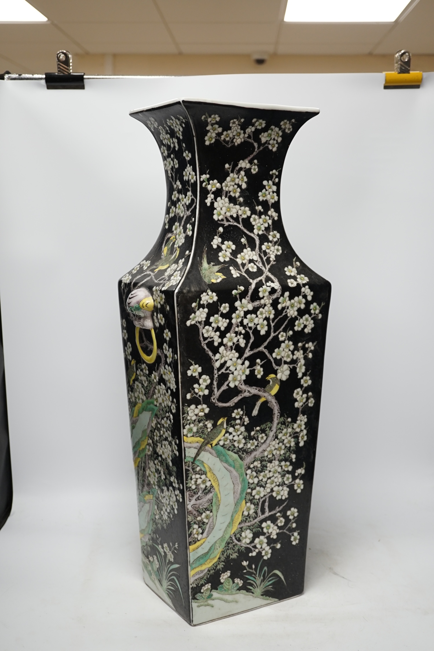 A large Chinese famille noire rectangular baluster vase, 63.5cm. Condition - fair, cracked